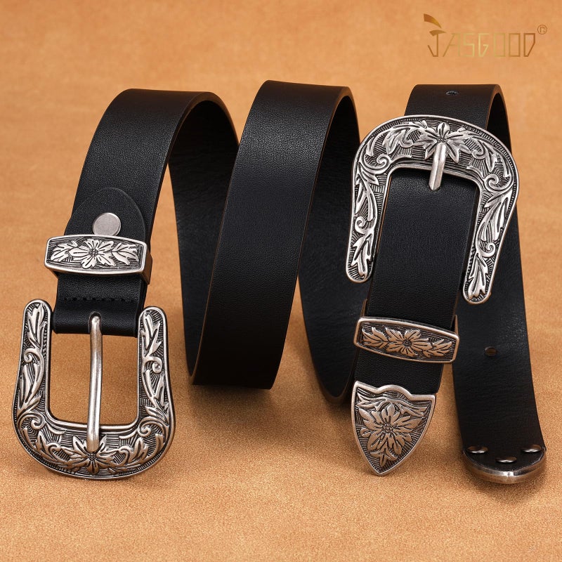 JASGOOD Double Buckle Western Belts For Woman Cowgirl Country Belt Vintage Black Leather Belt For Jeans Pants Dresses - Image 2